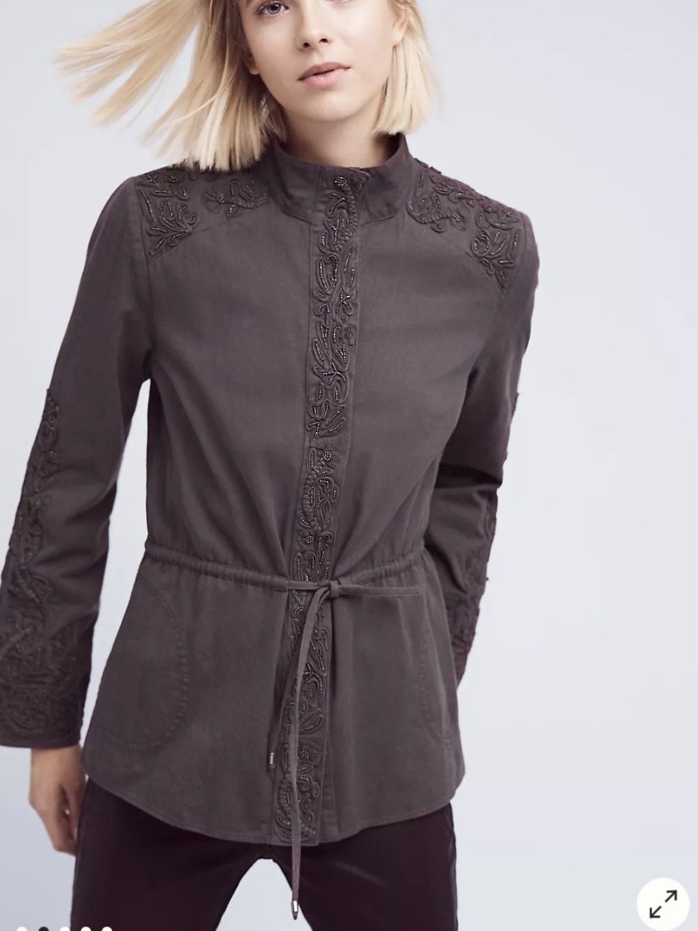 Anthropologie Love Sam Travis Charcoal Embroidered Drawstring Jacket Cargo